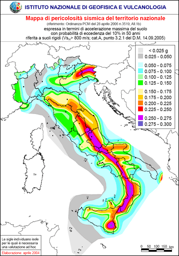 Seismic hazard map of Italy, created by the INGV